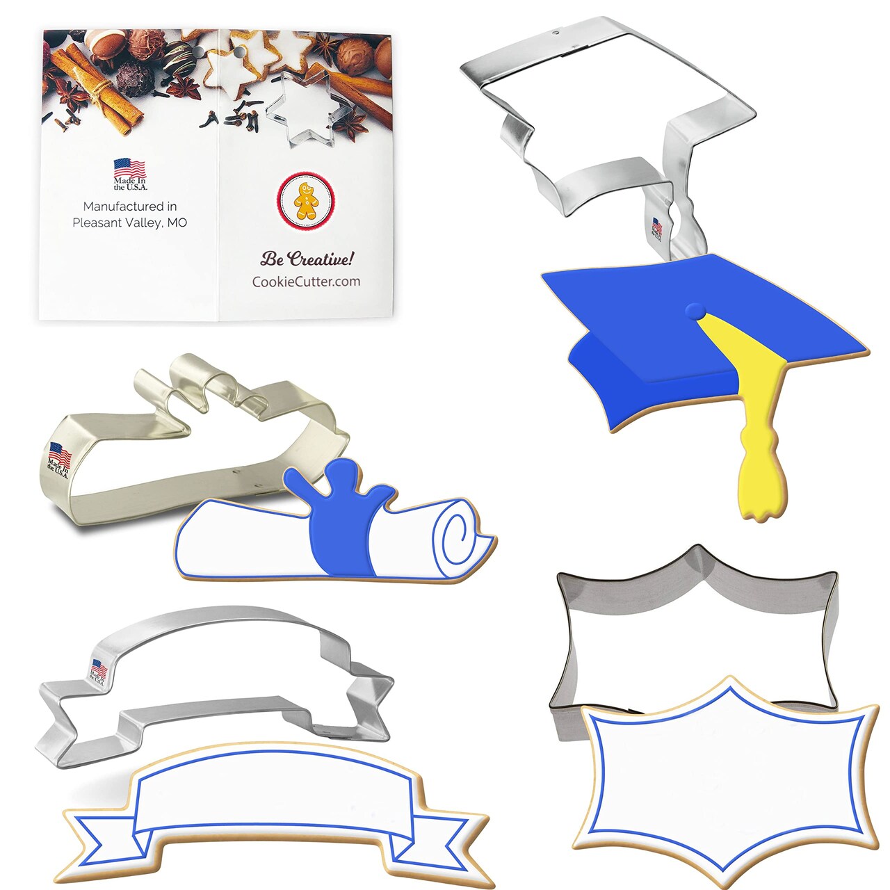 Graduation Cookie Cutter 4 Pc Set, CookieCutter.com, Tin Plated Steel, Handmade in the USA